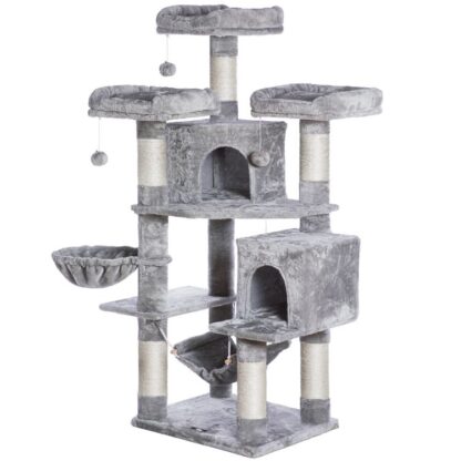 tall cat tree for large cats, multi-level cat activity tree with 2 plush condos, sisal scratching posts, hammock, basket for large cat, stable cat tower with anti-toppling kit, light gray