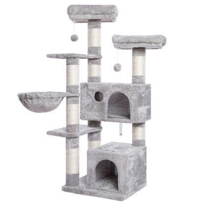 cat tower, cat tree with 2 plush condos and sisal scratching posts, cat tower furniture for kitten and pet, release the nature of cats, stable house with anti-toppling kit, light gray