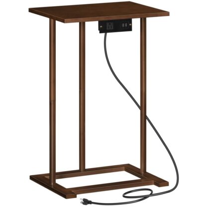 Bamboe eindtafel, C-vormige bijzettafel, Banktafel met laadstation, Kleine snacktafel, 1 AC -uitlaat en 2 USB-poorten, Eenvoudige montage, voor Woonkamer, Slaapkamer, Studie, Mokka
