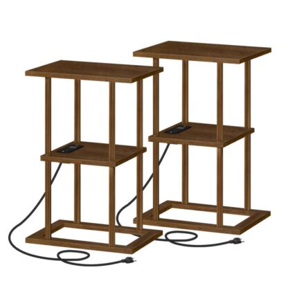 Sraith de 2 Bamboo Side Tables with Charging Station, 2-Tier Small End Tables with Storage Shelves, Bamboo Bedside Tables, Tionól Éasca, don Seomra Maireachtála, Seomra leapa, Oifig, Mothar