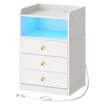 yöpöytä latausasemalla ja LED -valolla, päätellä 3 kangaslaatikot, Bedside -pöytä USB -portit ja poistot, sivupöytä olohuoneen, makuuhuone, valkoinen