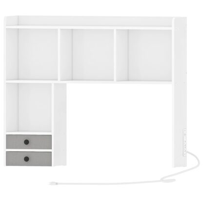 Desktop bokhylle med utsalgssteder, Office Desktop Shelf, Desk Hutch -arrangør, Tre stasjonær bokhylle med 7 Hyller og 2 Skuffer for studier, Dorm, Hjem hvit