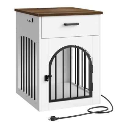 White and Walnut Dog Crate Furniture, Wooden Dog House with Charging Station and Storage Drawer, Indoor Pet Crate End Table for Small Breeds, for Living Room, Bedroom