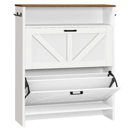 Szafka na buty z 2 Odwróć szuflady, Szafka na buty do przedpokoju, Freestanding Shoe Shoeet Organizer z haczykami i otwartym przechowywaniem, Szafka na buty wiejskie, Biały rustykalny brąz
