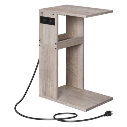 Mesa final em forma de C com estação de carregamento, Greige lateral mesa para sofá, C mesa do sofá de mesa com portas e tomadas USB para pequeno espaço, Mesa lateral do sofá com armazenamento, grego