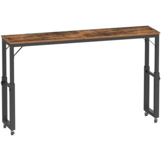 Table sur lit rustique brun avec roues hauteur réglable, Table roulante rétro, Lit mobile pour lit queen, Bureau d'ordinateur avec support d'inclinaison, Étagère à livres, Détenteur de la tasse, Crochets