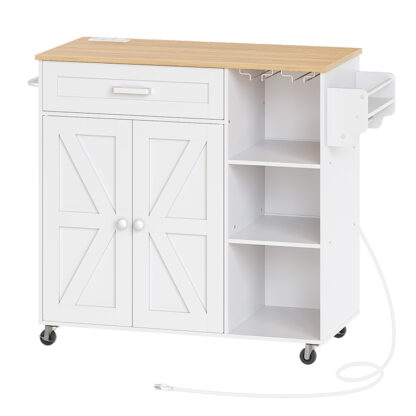 Carrello dell'isola della cucina con deposito, carrello dell'isola rotolante con mobile a doppia porta, tavolo dell'isola della cucina con 3 Outlet AC, con isole di stoccaggio mobile cucina mobile a rack spice, bianco e naturale