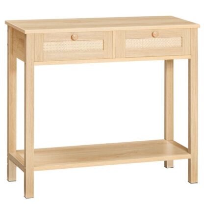 Rattan-podobný úzky stôl konzoly s 2 Zásuvky, 31.5-Palcový rozkladací stolík s úložným priestorom, Otvorený a skrytý úložný priestor, Tkaná dekorácia, pre chodbu a foyer, Prirodzené
