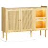 Cabinet a buffet con presa di corrente, 47.2" Mobile contenitore per credenza da cucina & Luce a led, Porte decorative in rattan, Mobiletto in stile bar, consolle per ingresso nel corridoio, Naturale