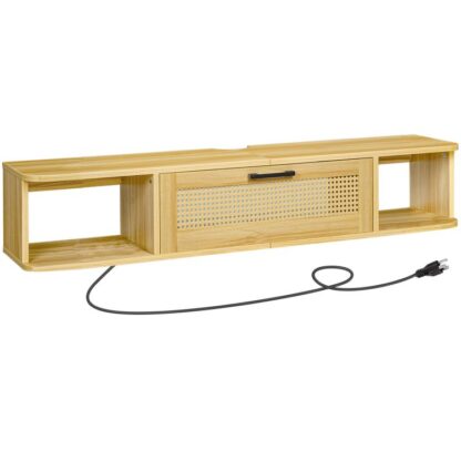 Schwëmmt TV Stand fir TV bis zu 65 Zoll, Wandmontéiert Fernsehkabinett mat 4 Power Outlet, Floating Entertainment Center TV Media Konsol Regaler mat Rattan Flip-Down-Door, Natierlech
