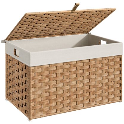 Natural Storage Basket with Lid, 65L Capacity Wicker Basket, Handwoven Blanket Storage Basket with Handles, Metal Frame and Soft Lining, Foldable for Bedroom, Laundry Room