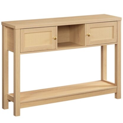 Natural Rattan-ähnlicher Konsolentisch, 47.2" Eingangstisch mit Stauraum, Schmaler Sofatisch hinter der Couch, Flurstisch mit offenem Regal und 2 Schränke, Gewebte Dekoration, für Foyer