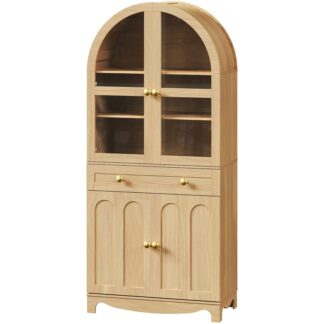 Přirozená klenutá kuchyňská spíž, Dřevo vysoká kuchyňská skříňka se zásuvkou, Skleněné dveře a nastavitelné police, Farmhouse Kitchen Storage Cabinet, pro obývací pokoj, Jídelna