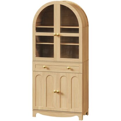 Přirozená klenutá kuchyňská spíž, Dřevo vysoká kuchyňská skříňka se zásuvkou, Skleněné dveře a nastavitelné police, Farmhouse Kitchen Storage Cabinet, pro obývací pokoj, Jídelna