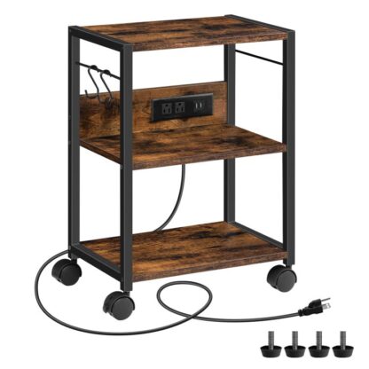 3-suporte de impressora móvel de camada, Carrinho rolante com tomadas de energia e portas USB, Carrinho de impressora industrial, Rack de armazenamento de utilidades domésticas com 2 ganchos, para o cargo, sala de estar, marrom rústico