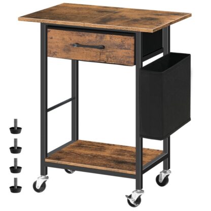 printer stand with storage drawer, 2-tier under desk printer table with side bag for home office, rolling printer cart with lockable wheels, heavy duty storage rack, rustic brown