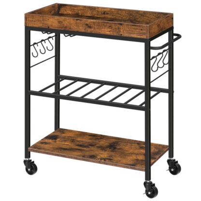 Carrinho de bar para a casa, 3-Carrinho de servir de camada, Carrinho de armazenamento rolante com rack de vinho e porta de copo, Carrinho de bebidas com prateleiras de armazenamento, Para cozinha, salas de jantar, bar, marrom rústico