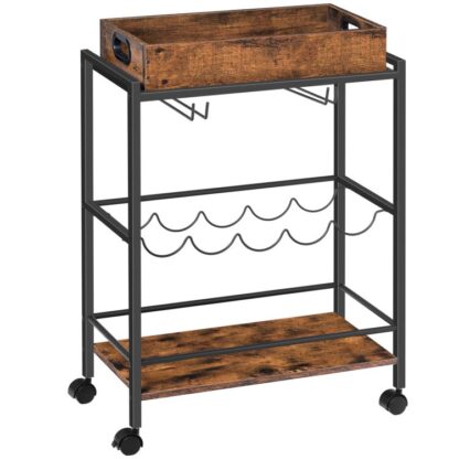Bar Cart voor thuis, 3-Tier Home Rolling Cart met wijnrek en bekerhouder, Drank opslagwagen met verwijderbare houten lade, voor keuken, eetkamers, bar, rustiek bruin