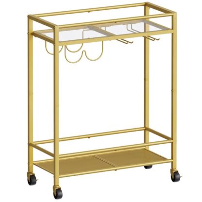 Bar Cart Gold, Déngscht Wuerekuerf mat Wäin Rack a Glas Halter, 2-Tier Glas Bar Cart op Rieder, Rolling Portiouns Cart fir Kichen, Iesszëmmer, Club, bar, Gold