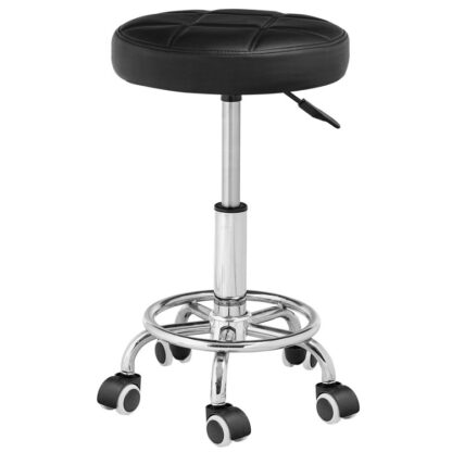Ronn Rolling Hocker mat Rieder, Héicht justierbar Schwenkhocker, PU Leder Stull, Swivel Drafting Stull mat Foussstull, fir Beauty Shop, Coiffeur Salon, Bar, Studio, Schwaarz a Sëlwer