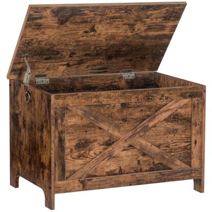 Baú de armazenamento, Banco de armazenamento robusto para entrada com dobradiças de segurança, Banco de sapatos retrô, Móveis de madeira para sala de estar, Quarto, Marrom Rústico