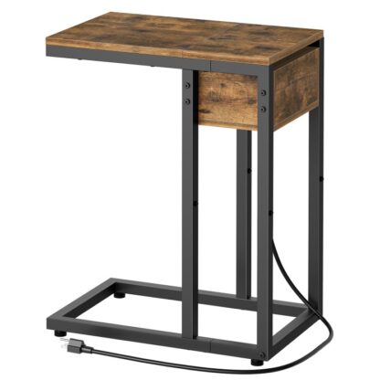 Mesa auxiliar en forma de C con estación de carga, Mesa auxiliar en forma de C para sofá, Mesa auxiliar pequeña con tapa elevable, Mesa C, Mesa de sofá para sala de estar, Dormitorio, Marrón rústico