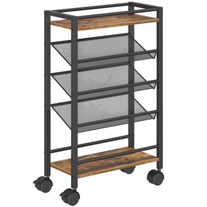 5 Tier boghylde, Metal lille industriel reol, Mobil bog hylde papirvogn med hjul, Book Case Display Storage Shelf Organizer til stuen, Hjemmekontor, Rustik brun