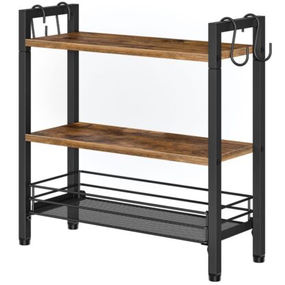 3-Tier Spice Rack, Οργανωτή ραφιών πάγκου κουζίνας με συρτάρι, Ξύλινη οργάνωση μπαχαρικών με γάντζους S για πάγκο, Εξοικονόμηση χώρου, Ρουστίκ καφέ