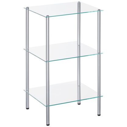 Glaën Regal, 3 Tier Standing Regal Eenheet, Haltbar Glas Shreling Stand fir kleng Plaz, Raum-spueren, fir Buedzëmmer, Schlofkummer, Home Office, Temperéiert Glas, Stol Frame, Sëlwer