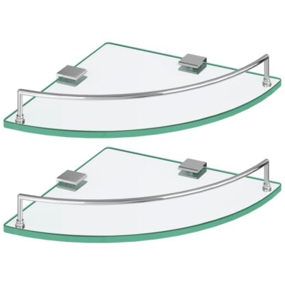 Flytende glasshyller for bad, Sett med 2 Glass baderomshyllevegg montert, Hjørnehyller rustfritt stål flytende hyller for vegg, Baderom, Toalett, Rominnredning, Sølv