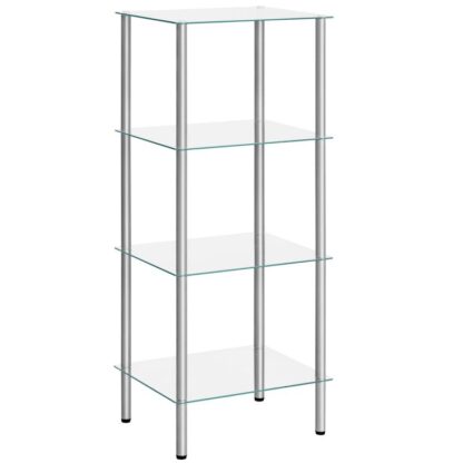 glass shelf, 4 tier silver standing shelf unit, durable glass shelving stand for small space, space-saving, for bathroom, bedroom, home office, tempered glass, steel frame, silver