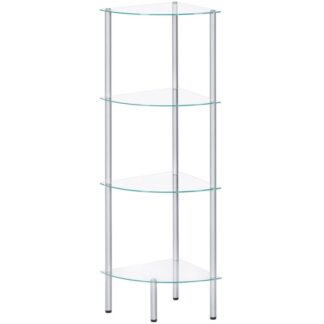 corner shelf, 4-tier standing shelf unit, freestanding glass bathroom shelf, space saving, modern style, for bathroom, living room, bedroom, study room, silver