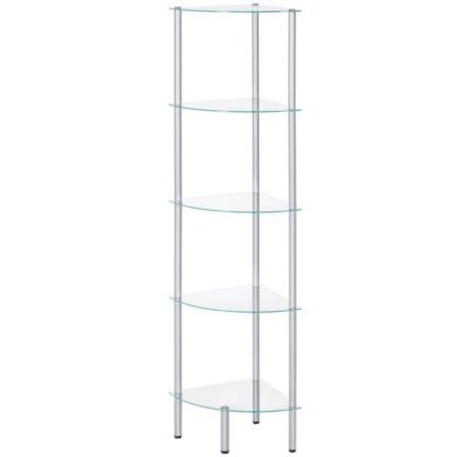 étagère d'angle, 5-unité d'étagère debout de niveau, étagère de salle de bain en verre autoportante, gain de place, style moderne, pour salle de bain, salon, chambre à coucher, salle d'étude, argent