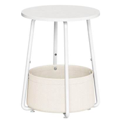 Runde sidebord, Liten endebord med stofflagringskurv, 2-Tier nattbord, Rund nattbord, for liten plass, Stue, Soverom, Planteskole, Hvit og beige
