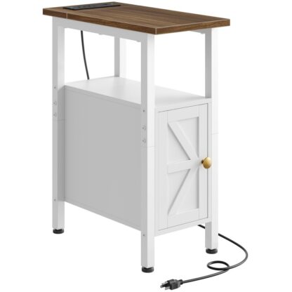 Bílý úzký koncový stůl s nabíjecí stanicí, Farmhouse Noční stojan pro malé prostory, Slim vedle stolu, s 2 AC prodejny, 1 USB a 1 Port typu C, pro obývací pokoj, Ložnice