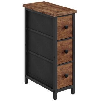 Rustikální hnědá a černá úzký boční stůl s 3 Zásuvky na textilie, Průmyslový styl Slim Bedside Table for Small Spaces, Ložnice, Obývací pokoj, Ubytovna