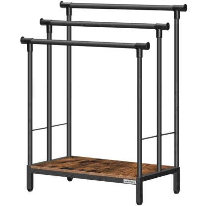 Decken Rack, Gratis stännegen Handduch Rack mat Regal, 3 Tier Handduch sticken Blankthalder, Metal Decken Leeder fir Buedzëmmer, 26.4" L x 11.8" W x 29.3" H, Rustikal Braun a Schwaarz