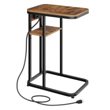table de bout en forme de C, petite table d'appoint avec station de recharge, table d'appoint de canapé pour canapé avec prise et ports USB, pour les petits espaces, pour la chambre, salon, brun rustique et noir