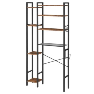 Rangement au-dessus des toilettes, 8 Étagère de rangement autoportante au-dessus des toilettes, gain de place avec 4 Crochets, Organisateur de rangement de masse au-dessus des toilettes pour salle de bain, Lessive, Brun rustique