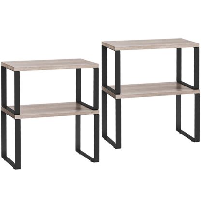 Køkkenkabinetarrangør hylder sæt af 4, Stackable Kitchen Counter hylder, Udvidelige bordplader, Rumbesparelse, til køkken, kontor, stue, Greige og sort