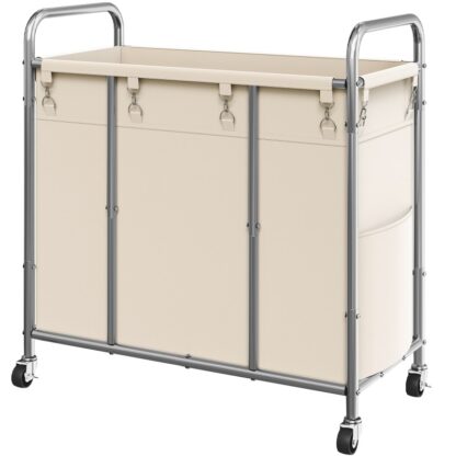 فارز الغسيل, سلة غسيل بعجلات, 243 L Rolling Laundry Gerfer, خلف الغسيل مع حقيبة قابلة للإزالة وجيب جانبي, لغرفة الغسيل, حمام, غرفة نوم, البيج والفضة