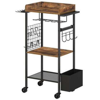 Power Tool Organizer Cart, 4 Θήκη τρυπανιού με εργαλειοθήκη, Ράφι ράφι τρυπανιού βάσης εργαλείων γκαράζ με 2 Πλευρικοί γάντζοι, Rolling Heavy Duty, Ρουστίκ καφέ
