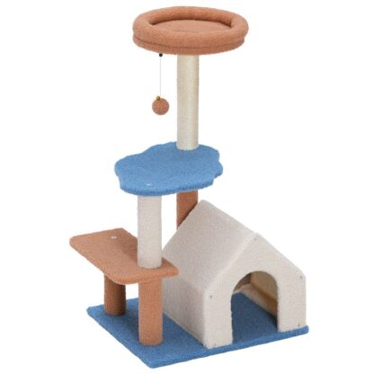 malý kočičí strom pro vnitřní kočky, Mini Cat Tower, Roztomilý kočičí byt pro koťata 8 lb, Víceúrovňový kočičí dům s poškrábáním koček, visící míč, matně modrá a zemní hnědá