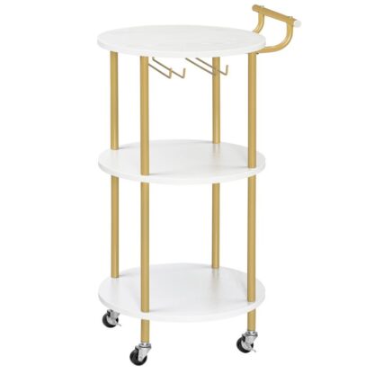bar cart gold, home bar serving cart, rolling beverage cart with wine rack and glass holder, 3-tier wine cart for kitchen, dining room, living room, parties, gold and white