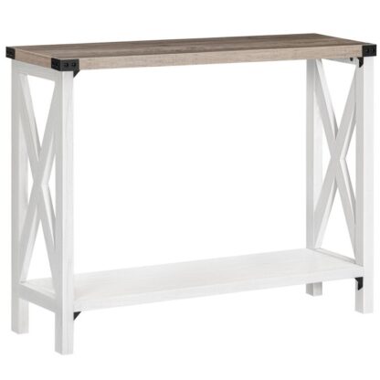 Farmhouse Console Table, Narrow Entryway Table, Sofa Table with 2 Open Shelves, for Hallway, Living Room, White and Greige
