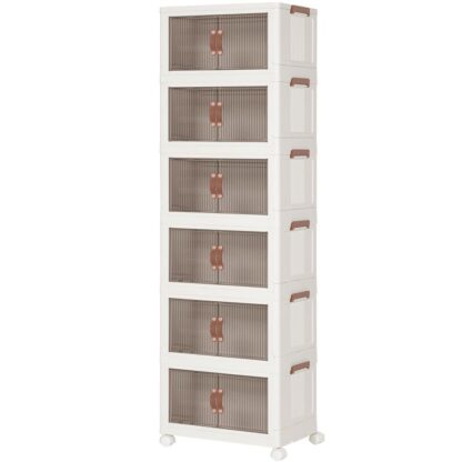 Wardrobe Späicherzäit, Stackable Späicherkëschten mat Dieren, Klappbar Plastiksplacken Këschte mat Rieder, 6 x 41.6l, Kichen Späichere Container Organisateuren, fir Wunnzëmmer, Wäiss