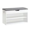 shoe storage bench with cushion, entryway bench with lift top storage box, 2-tier shoe rack bench, adjustable shelf, for hallway, bedroom, cloakroom, white and gray