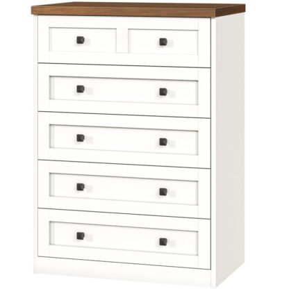 Teach feirme 5 Dresser tarraiceán don seomra leapa, 44" Cófra ard tarraiceán, Dressers bána don seomra leapa, Dressers stórála adhmaid le tarraiceán, Cófra tarraiceán don seomra leapa, Bán agus gallchnó