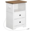 Nightstand with Charging Station, Farmhouse End Table with 2 Drawers, Wood Sofa Side Table, Bedside Table for Bedroom, Farmhouse Night Stand, Antique White
