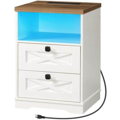 Seastán oíche le stáisiún muirir gan sreang agus soilse LED, Tábla Deireadh Teach Feirme le 2 Tarraiceáin agus Seilf Oscailte, Tábla Cliste Taobh LED le Gan Sreang agus USB don Seomra Leapa, Bán árdúir